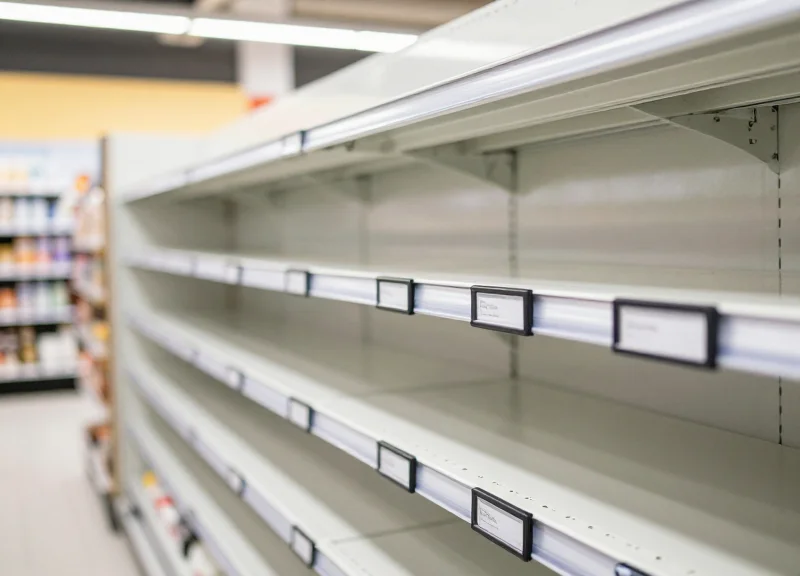 A modern convenience store aisle with clean shelves and digital labels, professional photography