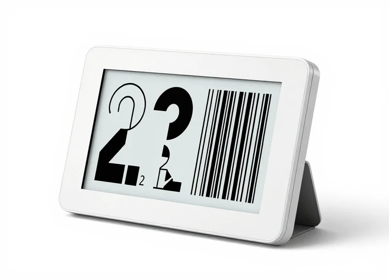 A close-up view of a 2.2-inch electronic shelf label with a minimalist e-paper display.