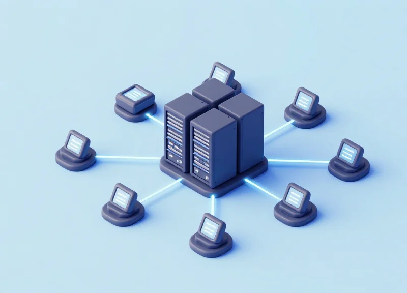 Isometric 3D model showing a middleware platform connecting a legacy server to retail shelf labels.