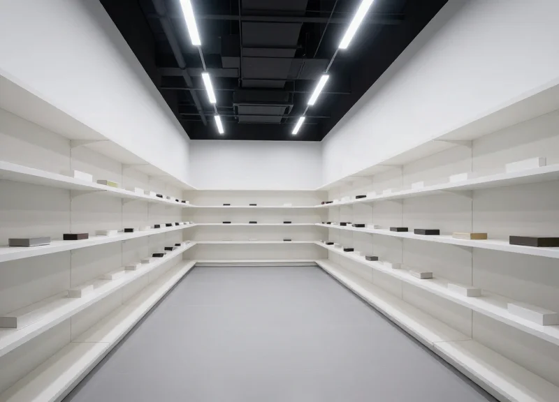 A wide shot of a modern, high-tech retail store with clean aisles and digital displays in the year 2026.