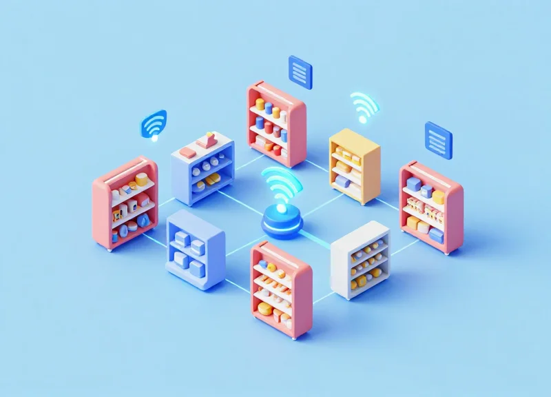 Isometric 3D model of a retail network connecting shelf labels to a central hub.