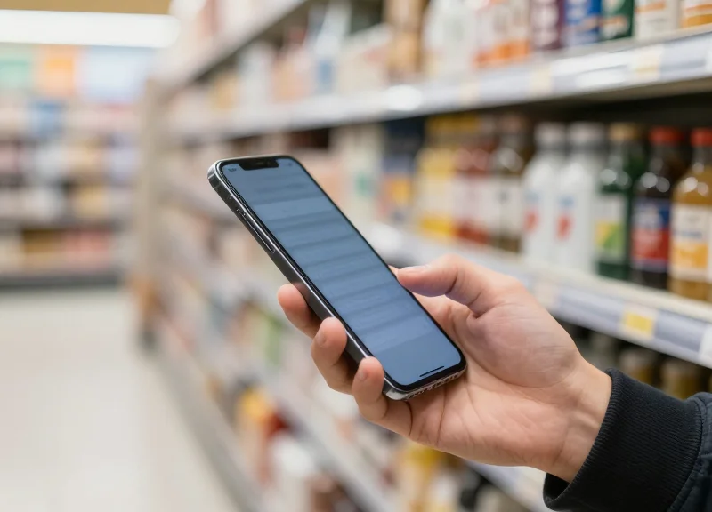 A shopper using a smartphone to interact with an electronic shelf label in a store.