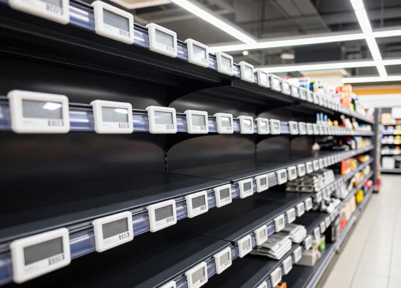 A modern retail store shelf with a clean row of electronic shelf labels enhancing the aesthetic