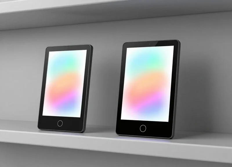 Two modern electronic shelf labels of different sizes displayed side-by-side on a sleek, professional retail shelf under studio lighting.