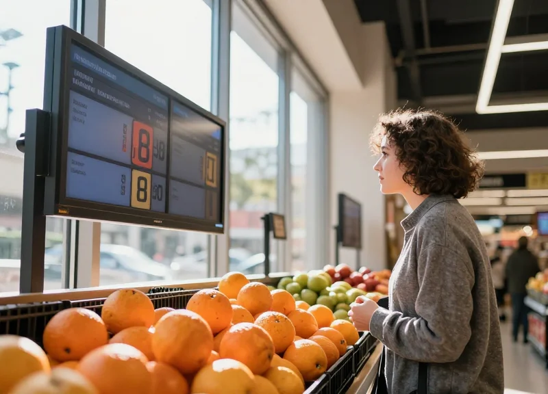 A customer smiling while looking at a large, clear electronic price tag in a grocery store produce section.