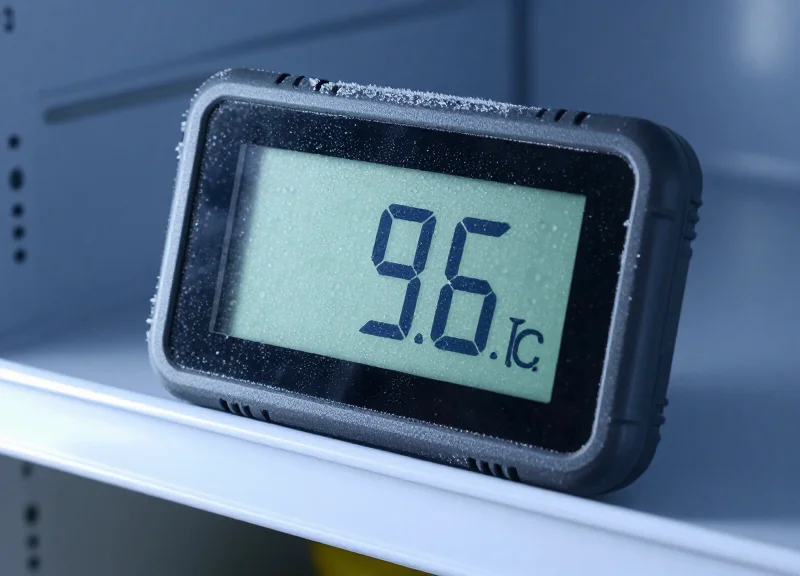 An electronic shelf label shown inside a cold, frosty environment to demonstrate durability.