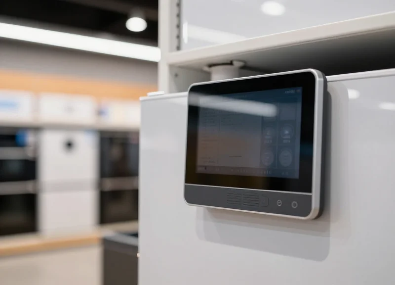 A modern electronic shelf label displayed in a bright appliance showroom next to a refrigerator.