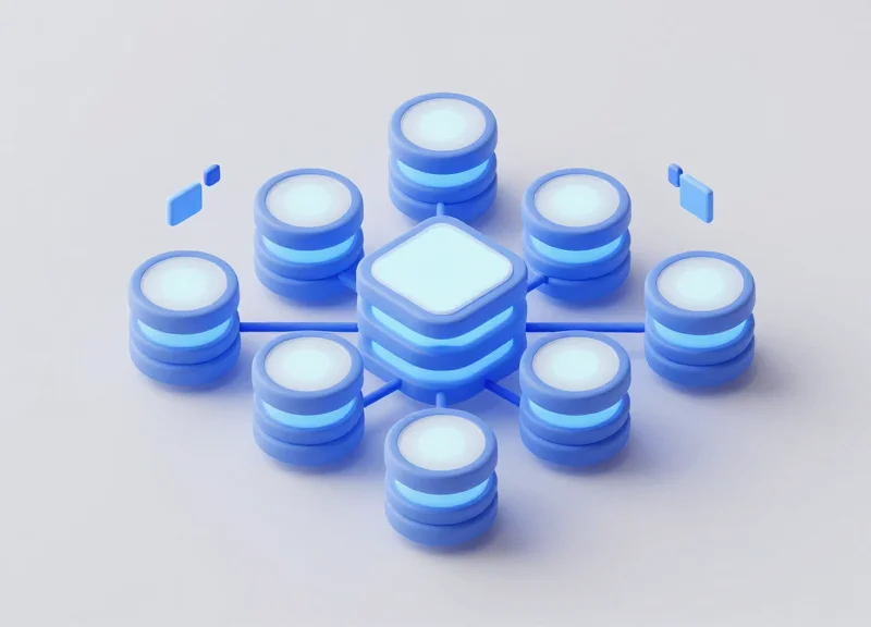 Isometric 3D model of data blocks and connections representing information architecture.