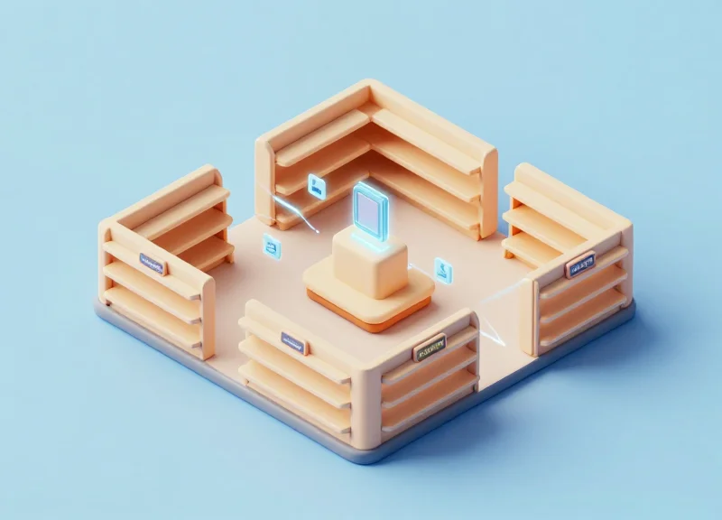 Isometric 3D model of a retail store layout showing electronic shelf label integration and network connectivity.