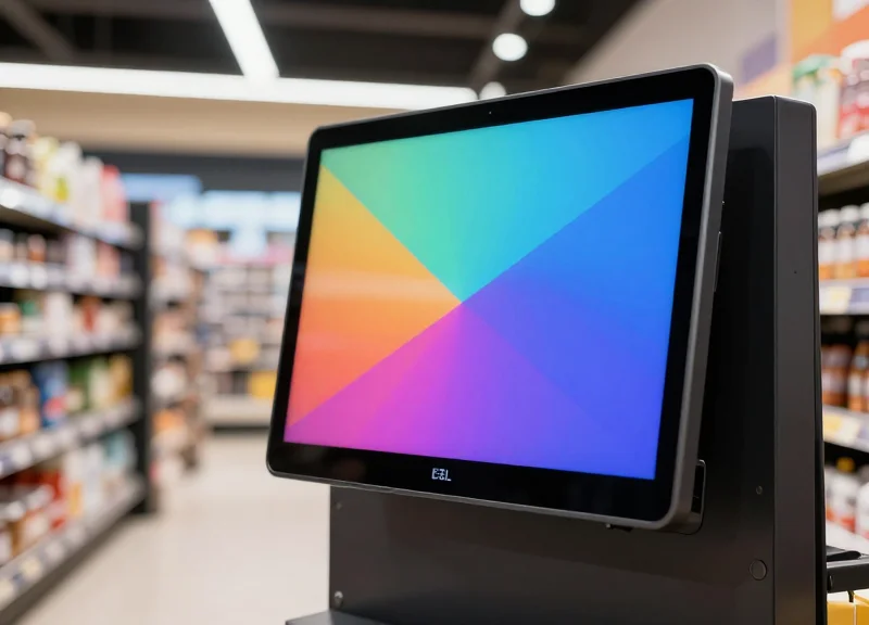 A sleek 5.8-inch electronic shelf label mounted on a modern retail end-cap with glowing abstract interface elements in a high-end store environment.