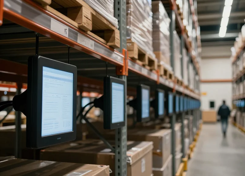 A modern smart warehouse with rows of organized metal shelving featuring glowing electronic shelf labels in a clean industrial environment.
