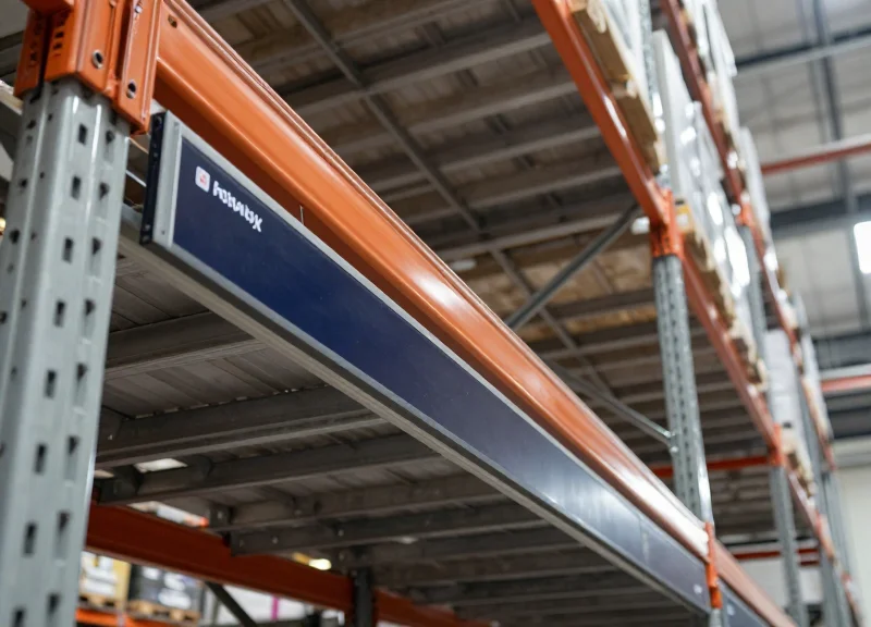 Large format digital labels mounted on high-bay racking systems in a massive logistics center.