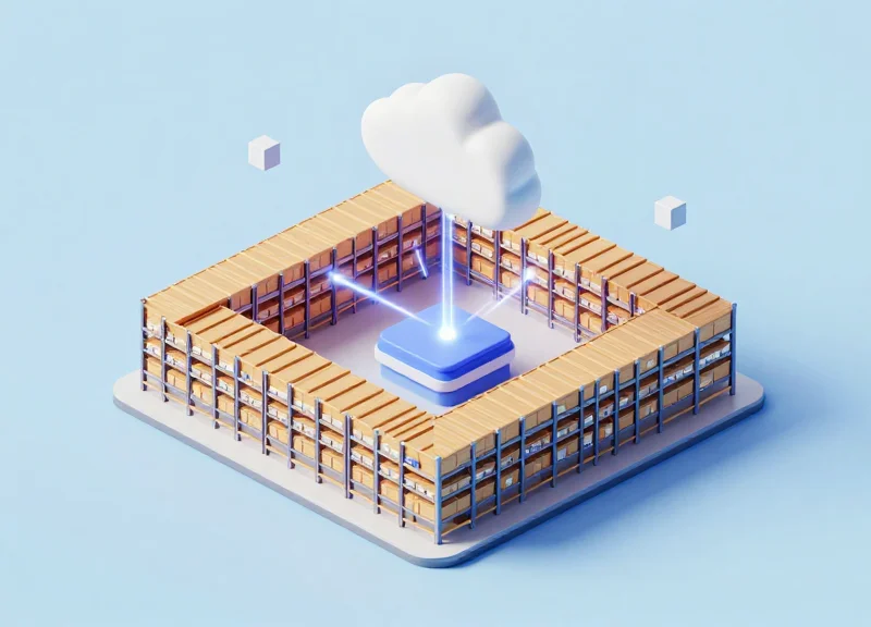 A 3D isometric representation of a warehouse system integrated with digital cloud data streams.