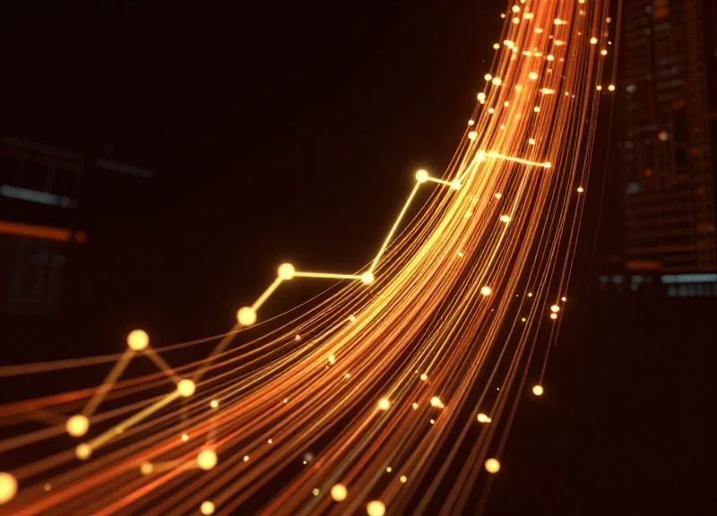 Abstract visualization of rising light trails and nodes representing investment return and growth.