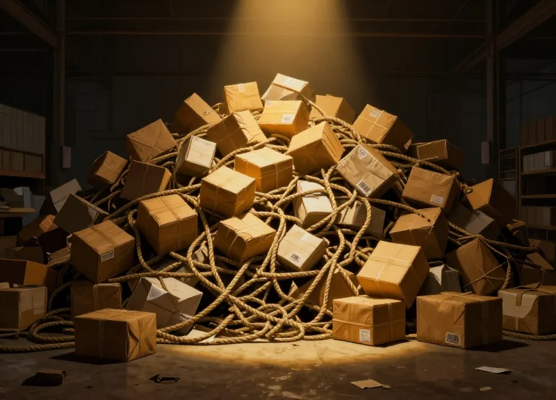 Surrealist art representing the high cost of logistical errors in a warehouse environment.