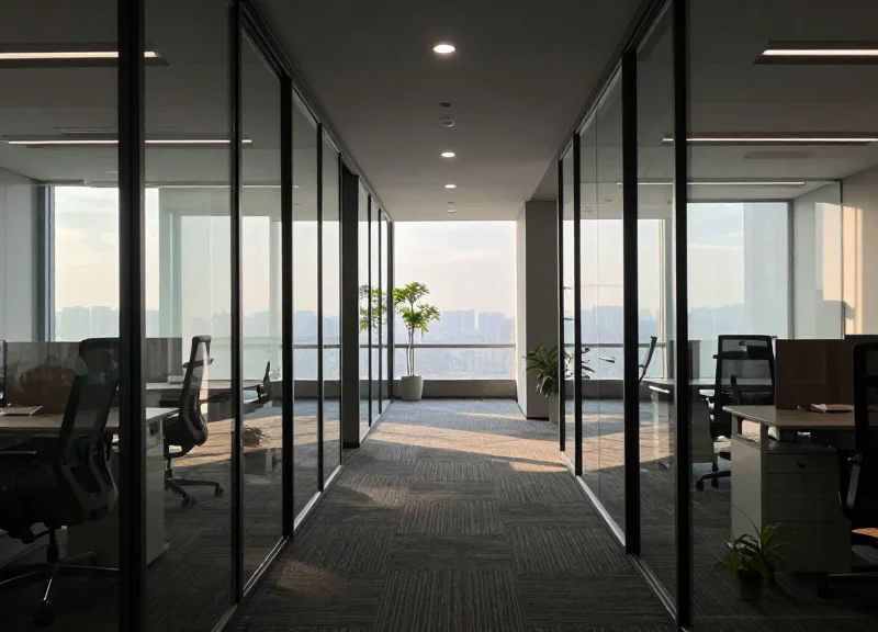 A modern corporate office corridor with sleek glass walls and soft morning sunlight.