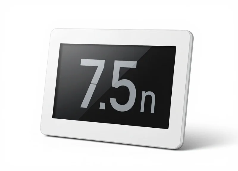 A high-quality 7.5 inch electronic shelf label with an e-ink display on a minimalist background.