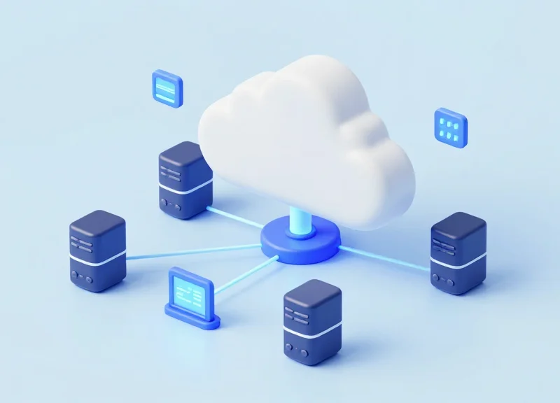 3D isometric model of a cloud server architecture connecting to digital displays.