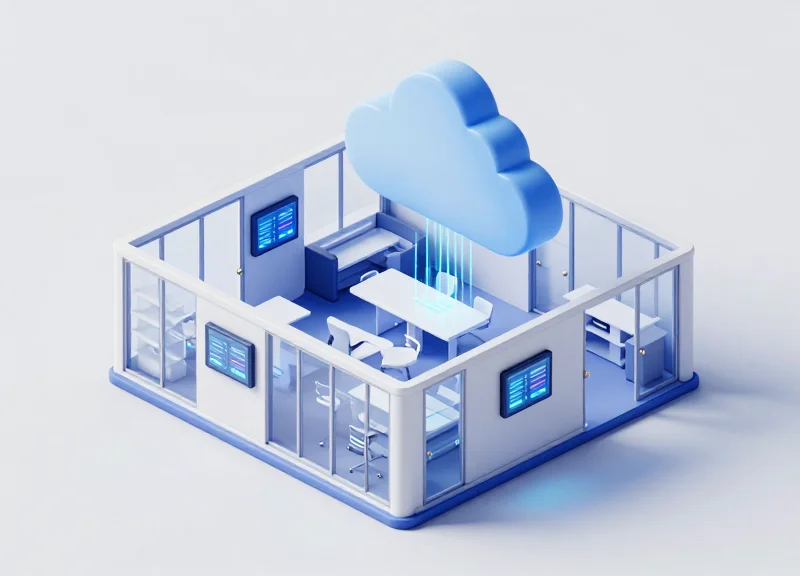 An isometric 3D illustration showing a modern office floor with meeting rooms, each equipped with a digital electronic shelf label on the wall, connected by glowing lines to a central floating cloud icon.