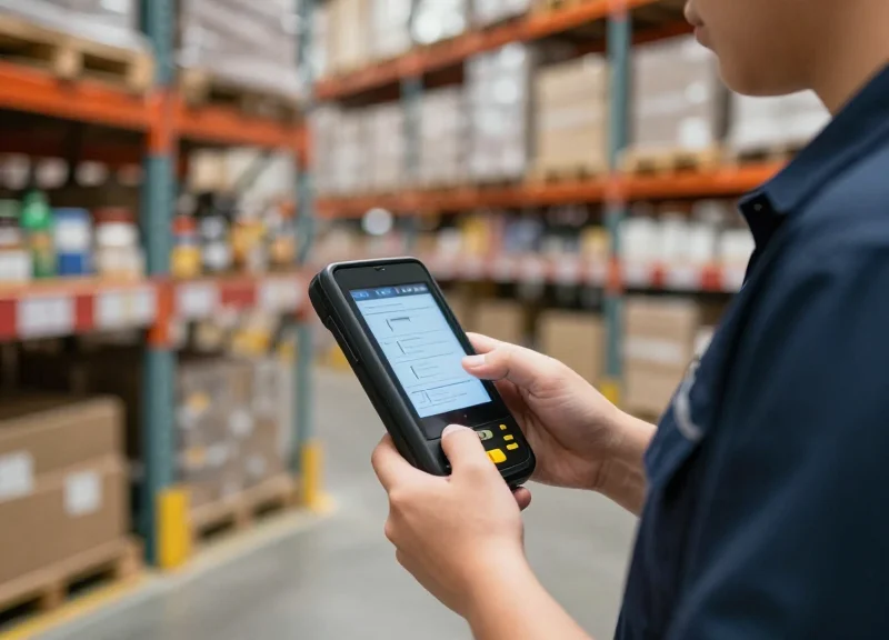 Warehouse worker using a handheld scanner near a shelf equipped with digital e-paper signage.