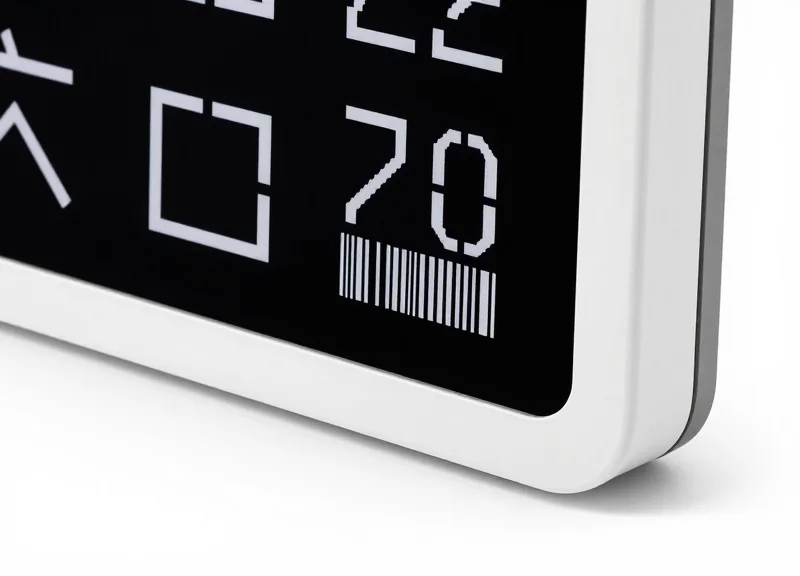 Close-up of a monochrome electronic shelf label with a high-contrast e-paper display showing geometric symbols and a barcode pattern.