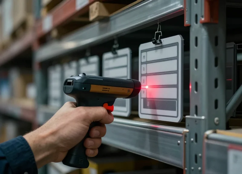 A warehouse worker using a handheld scanner to read a monochrome ESL tag on a shelf.