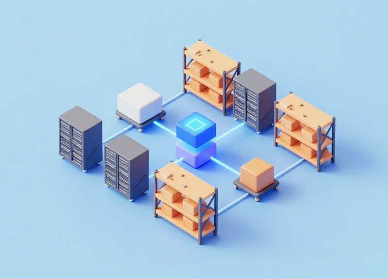 Isometric 3D model of a cloud-connected industrial warehouse management system.