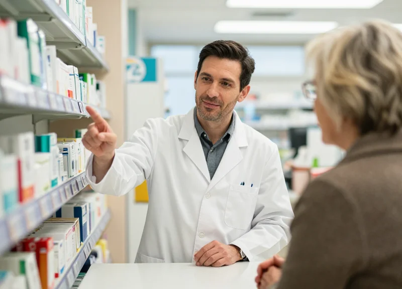 A pharmacist handing medicine to a patient while visually verifying the clear digital tag on the shelf