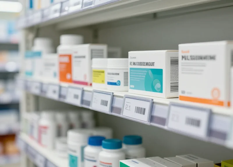 A close-up shot of a modern pharmacy shelf featuring digital E-ink labels attached to the rack in front of medicine bottles, with soft professional lighting and a shallow depth of field.