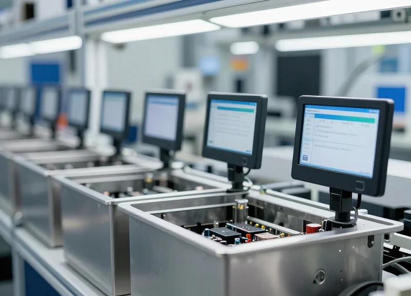 Electronic shelf labels mounted on heavy-duty shelving in an electronics manufacturing facility.