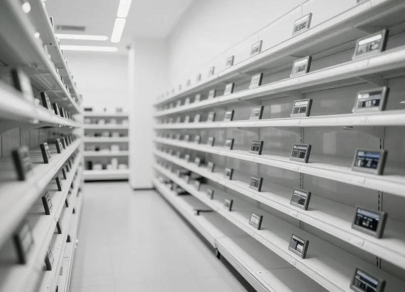 A modern, minimalist grocery store aisle with clean white shelves and monochrome electronic shelf labels.