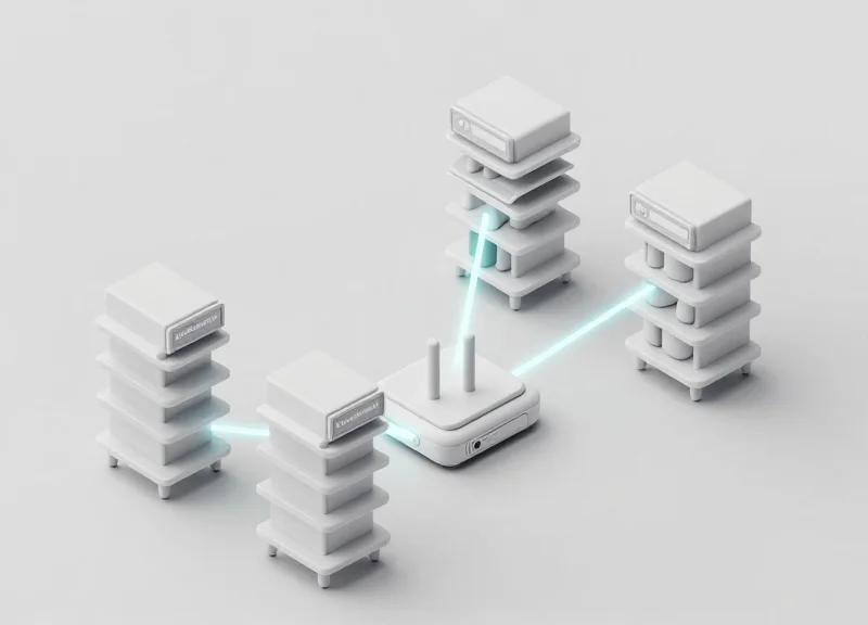 Isometric 3D model of a retail network with wireless signals connecting shelf labels.