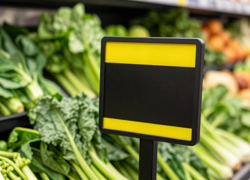 Electronic shelf label with yellow accents in a fresh produce department