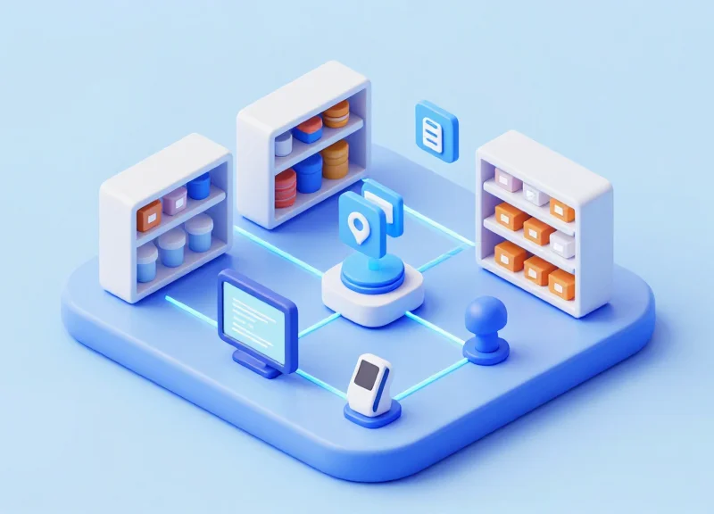 Isometric view of ESL system integrated with RFID and inventory management