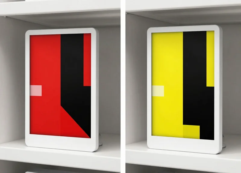 A side-by-side comparison of two modern electronic shelf labels on a retail shelf, one highlighting red accents and the other highlighting yellow accents.