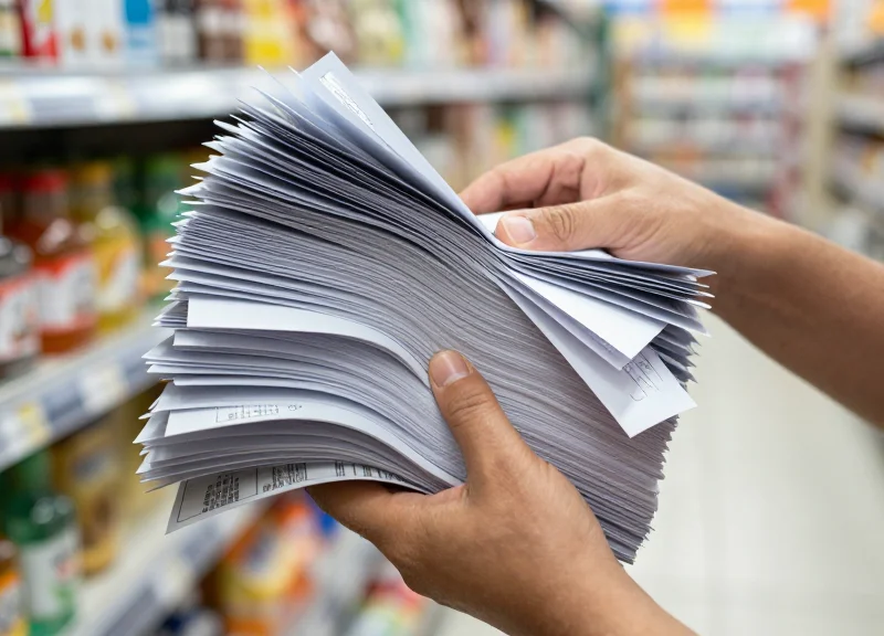Retail employee struggling with stacks of messy paper price tags in a grocery aisle.