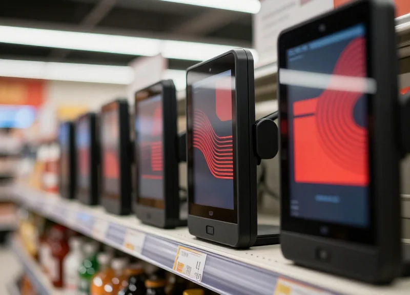 Modern electronic shelf labels on a retail shelf featuring black and red display elements with a blurred supermarket background.