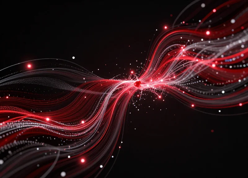 Abstract visualization of fast electronic paper refresh rates with flowing red and black data streams.