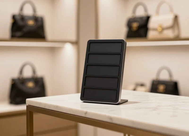 A close-up of a sleek electronic shelf label on a high-end boutique shelf featuring luxury accessories.