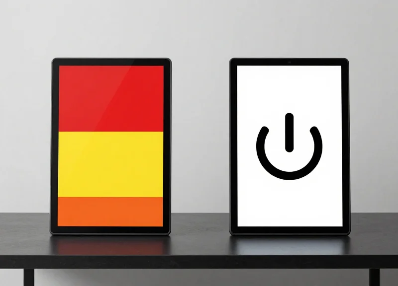 Side-by-side comparison of two electronic shelf labels showing vibrant colors versus power efficiency indicators.