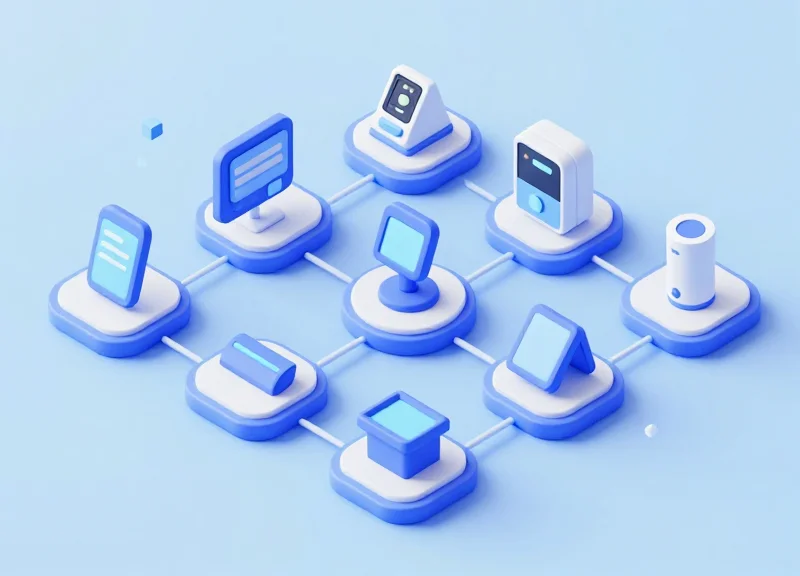 Isometric 3D model of an integrated retail ecosystem showing connections between shelf labels, scanners, and security gates.