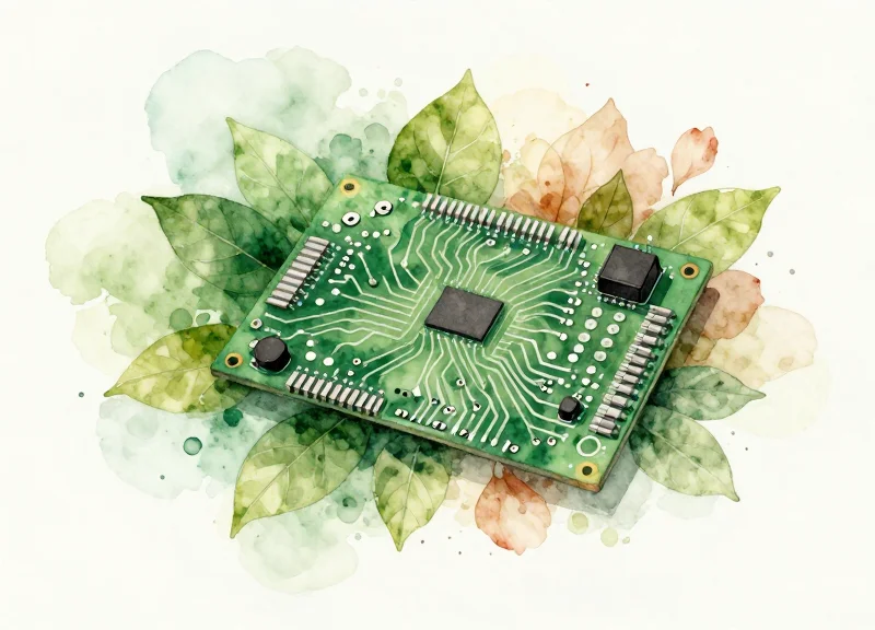 A circuit board dissolving into organic leaves and petals to symbolize sustainable electronic disposal.