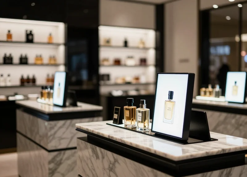A wide shot of a high-end luxury boutique showing consistent digital labeling across multiple counters.