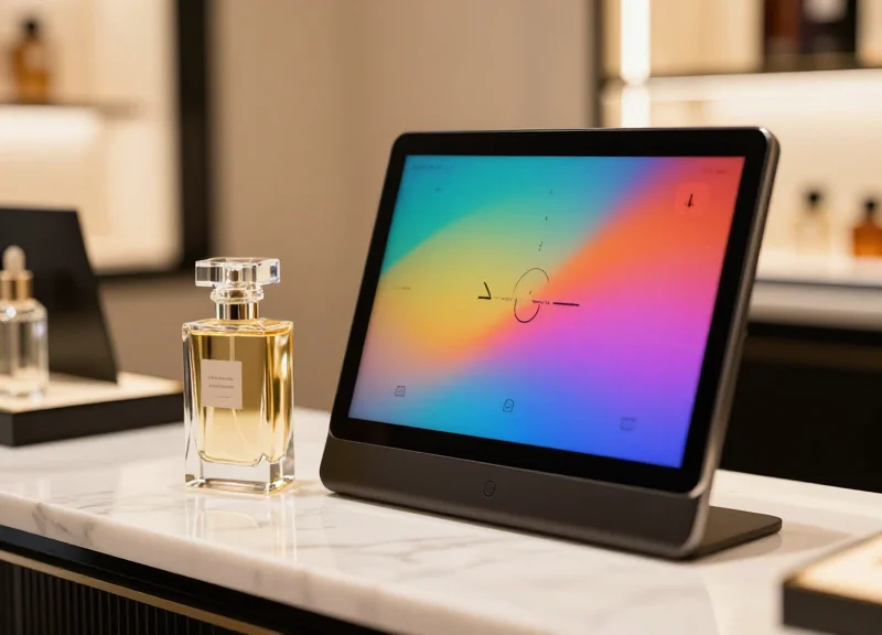 A close-up of a luxury perfume bottle on a marble counter next to a sleek, full-color digital electronic shelf label displaying abstract colorful graphics under warm boutique lighting.