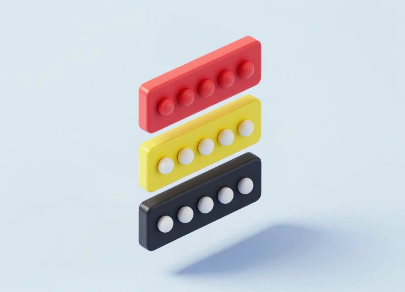 Isometric 3D view of a luxury jewelry display with layers of a 4-color electronic shelf label technology showing red, yellow, black, and white components.