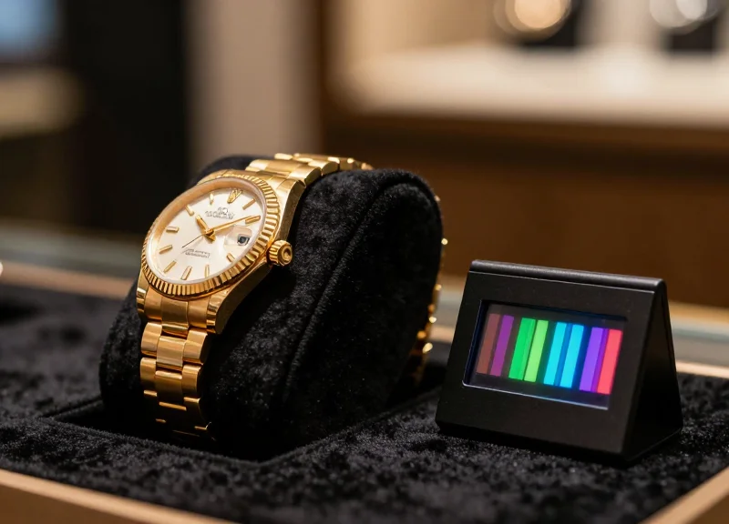 Close-up of a high-end luxury watch on a velvet cushion inside a display case with a vivid color ESL nearby.