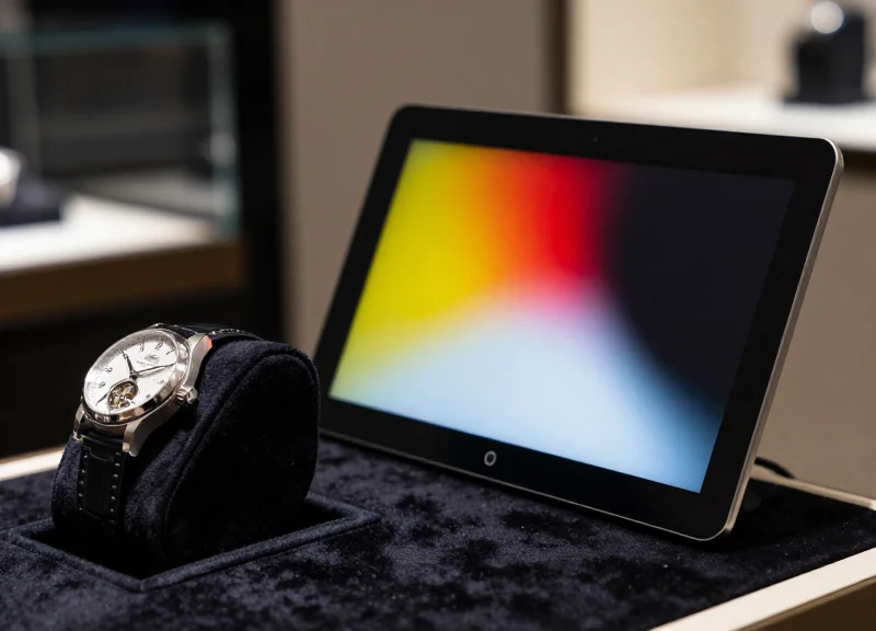 A close-up of a luxury watch on a velvet cushion inside a glass display case, placed next to a sleek electronic shelf label showing a vibrant abstract color gradient.