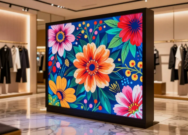Luxury boutique interior featuring vibrant full-color e-paper displays with artistic patterns.