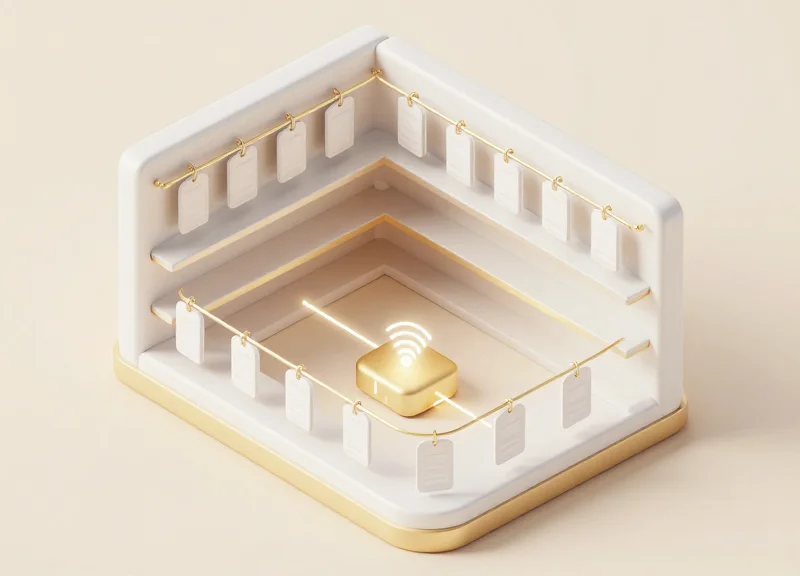 3D isometric model of a smart retail shelf with digital price tags and wireless connectivity nodes.