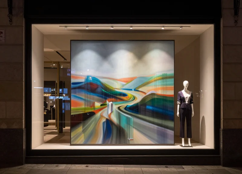 Luxury boutique window at night featuring a large e-paper display with moving digital art.